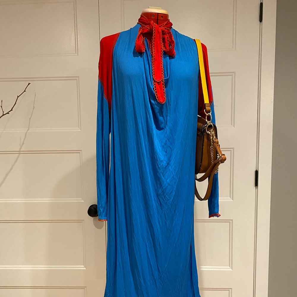💖 LATE RARE 1970’S JANICE WAINRIGHT RED AND BLUE MIDI DRESS
